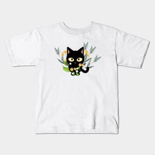 Black Cat With Flowers Kids T-Shirt